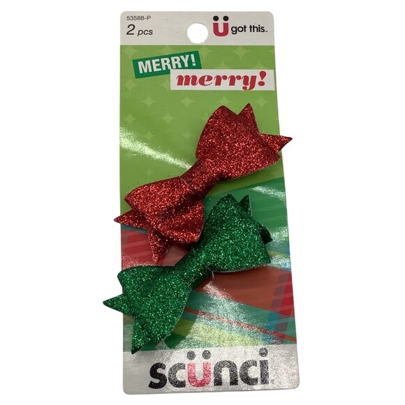 Scunci Christmas Glitter Hair Clips 2pcs Red & Green Holiday Accessories Bow - Picture 2 of 5